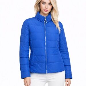 Love Moschino Blue Quilted Puffer Jacket Heart Zipper Designer